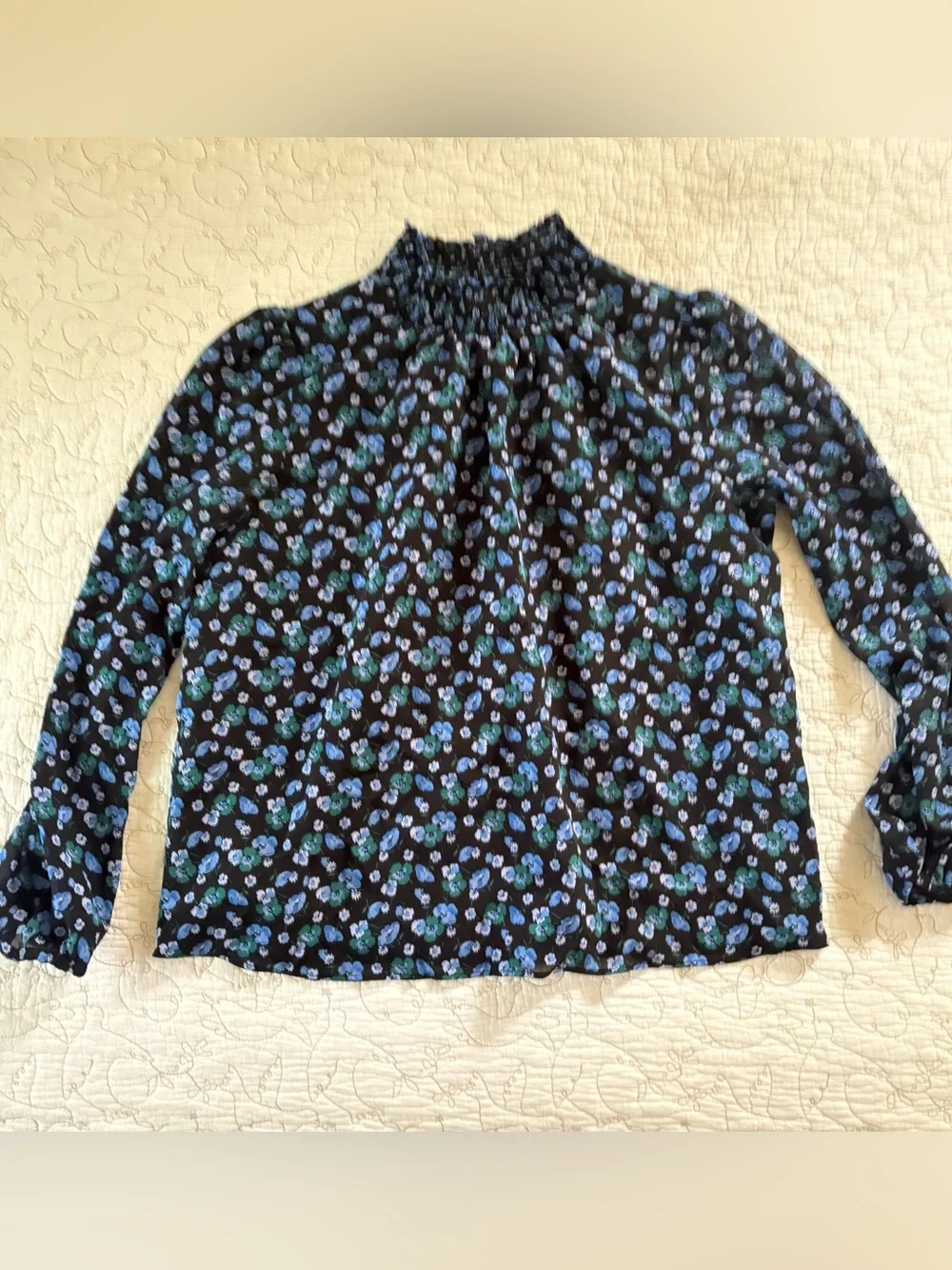 J. Crew Black Mock Neck Blouse with Blue and Green Floral Print